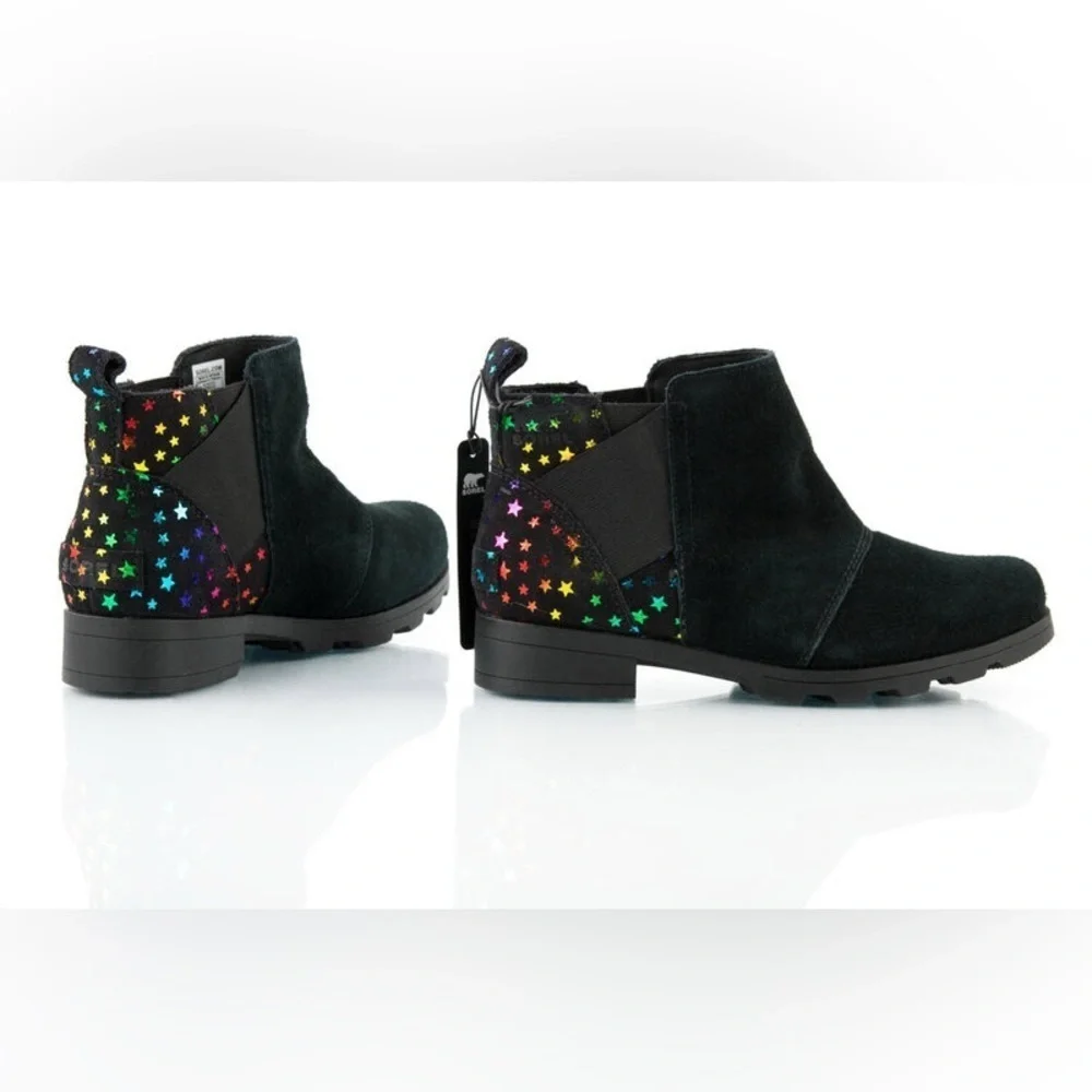 Sorel Youth Emelie Chelsea Booties Girl's Black Suede Rainbow Stars